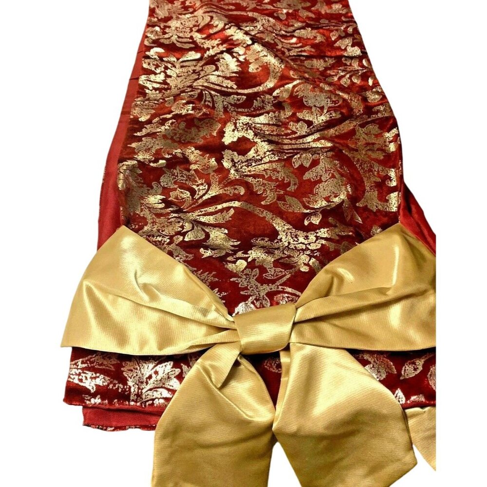 Christmas Gold Ribbon Red & Glittered Table Runner 70"
